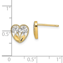 14K Two-Tone Gold Diamond-cut Flower and Heart Post Earrings