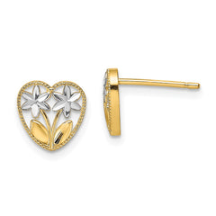 14K Two-Tone Gold Diamond-cut Flower and Heart Post Earrings