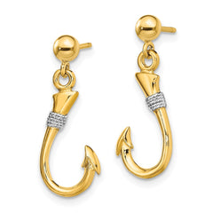 14K Two-Tone Gold 3D Fish Hook with Rope Dangle Earrings