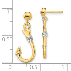 14K Two-Tone Gold 3D Fish Hook with Rope Dangle Earrings