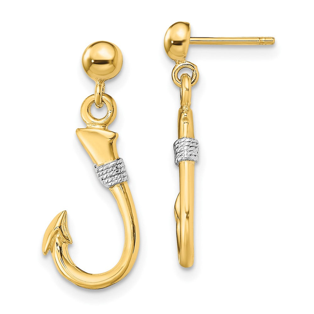 14K Two-Tone Gold 3D Fish Hook with Rope Dangle Earrings