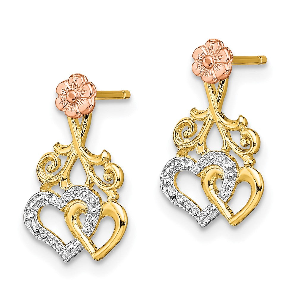 14K Two-Tone Gold Hearts and Flower Post Earrings