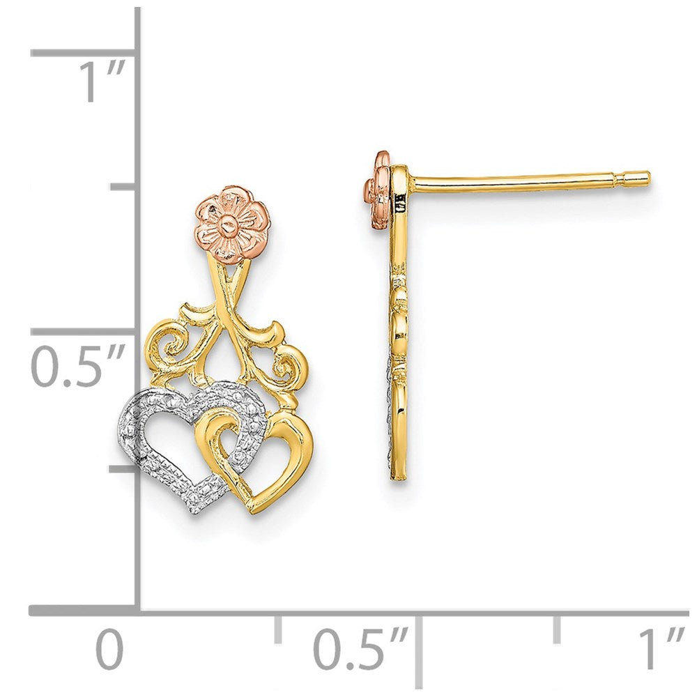 14K Two-Tone Gold Hearts and Flower Post Earrings