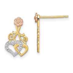 14K Two-Tone Gold Hearts and Flower Post Earrings