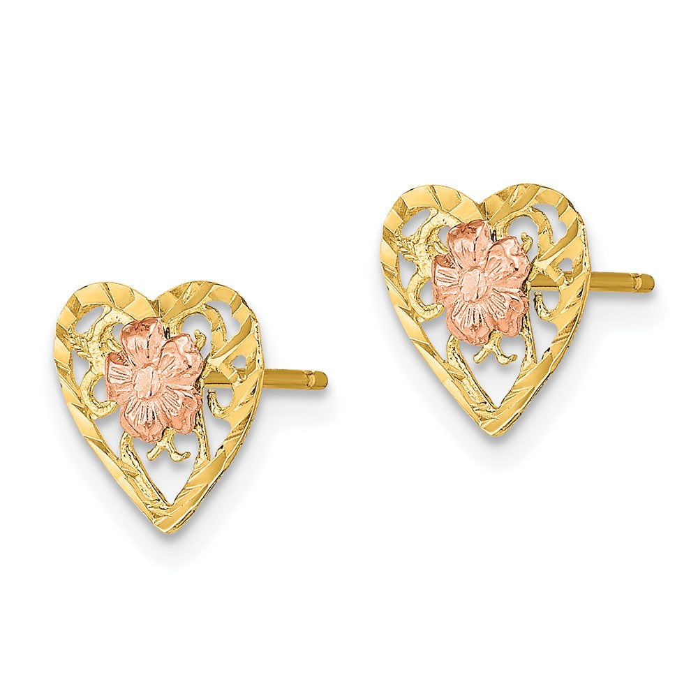 14K Two-Tone Gold Diamond-cut Heart and Flower Earrings