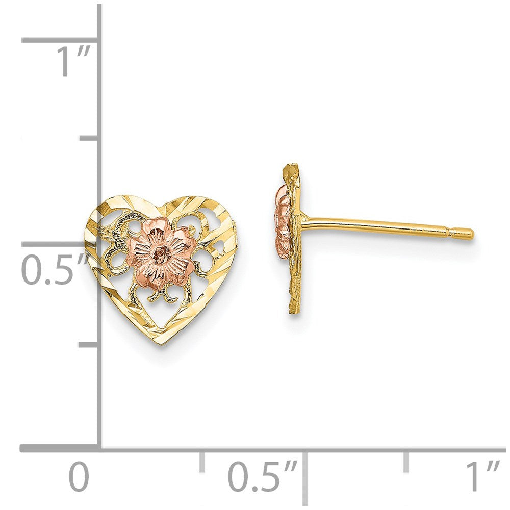 14K Two-Tone Gold Diamond-cut Heart and Flower Earrings