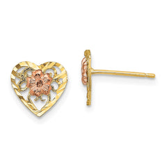 14K Two-Tone Gold Diamond-cut Heart and Flower Earrings