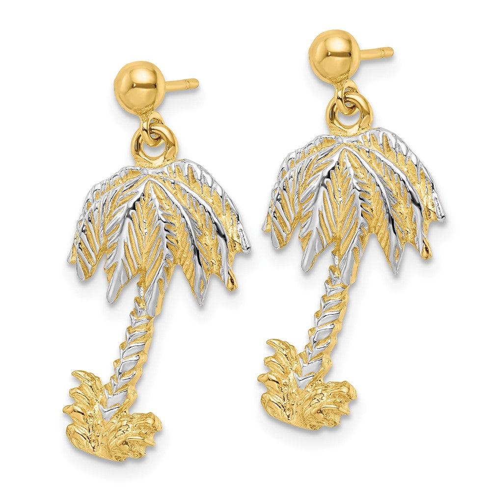 14K Two-Tone Gold Textured Palm Tree Post Dangle Earrings