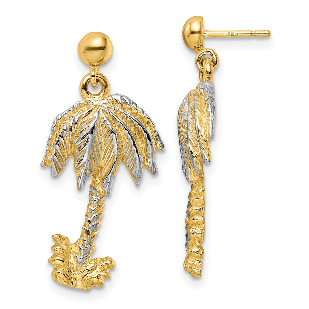 14K Two-Tone Gold Textured Palm Tree Post Dangle Earrings