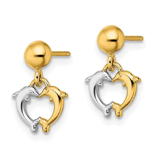 14K Two-Tone Gold Dolphin Dangle Earrings