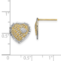 14K Two-Tone Gold Filigree Heart Post Earrings