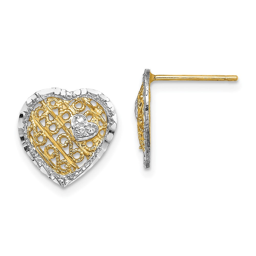 14K Two-Tone Gold Filigree Heart Post Earrings