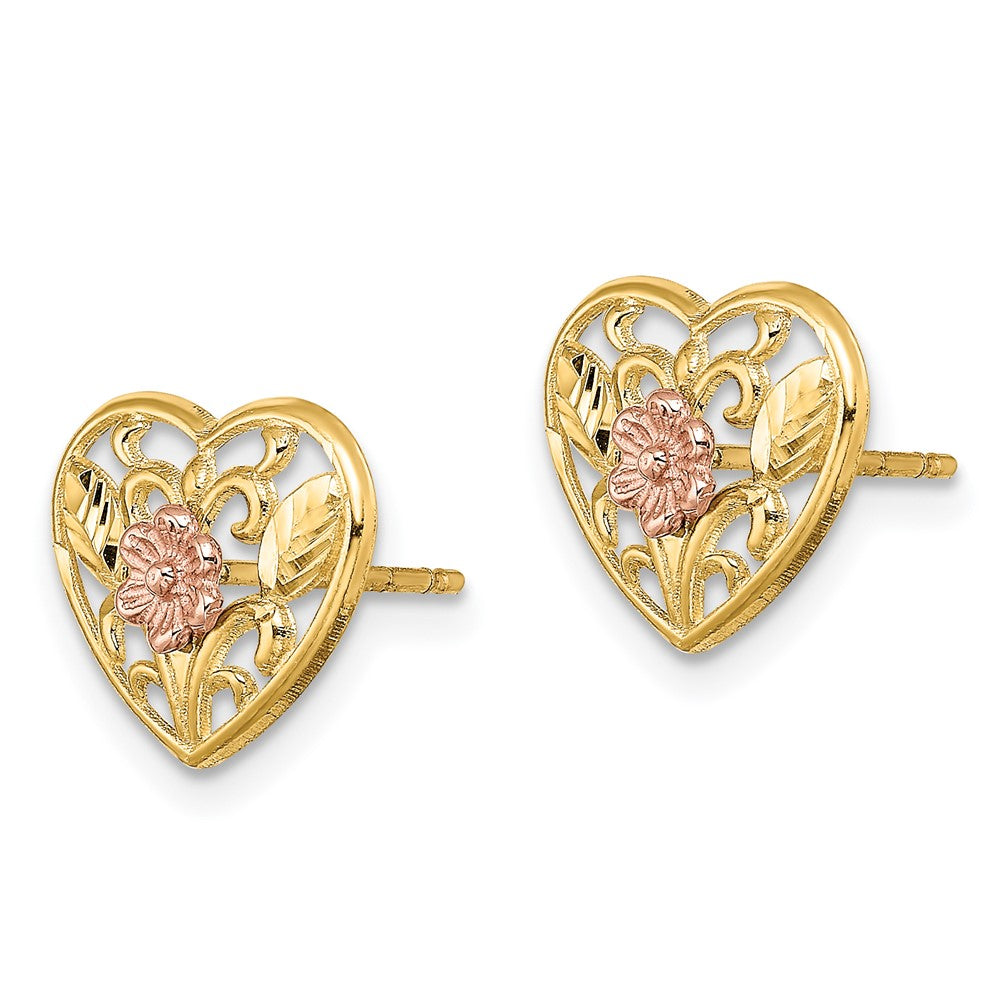 14K Two-Tone Gold Polished Floral in Heart Post Earrings