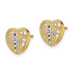 14K Two-Tone Gold Filigree Cross Center Heart Post Earrings