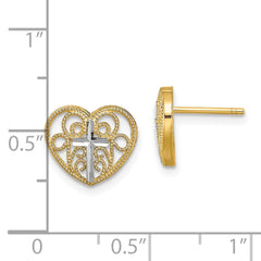 14K Two-Tone Gold Filigree Cross Center Heart Post Earrings