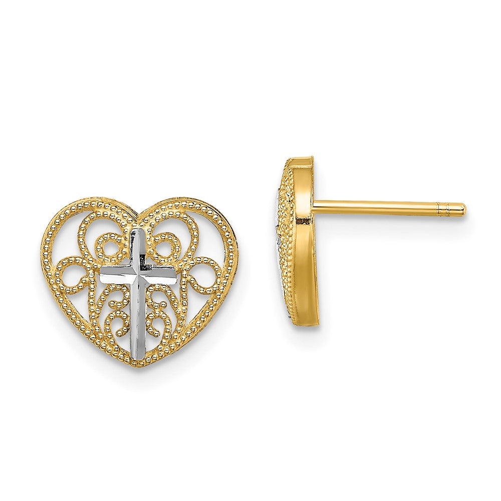 14K Two-Tone Gold Filigree Cross Center Heart Post Earrings