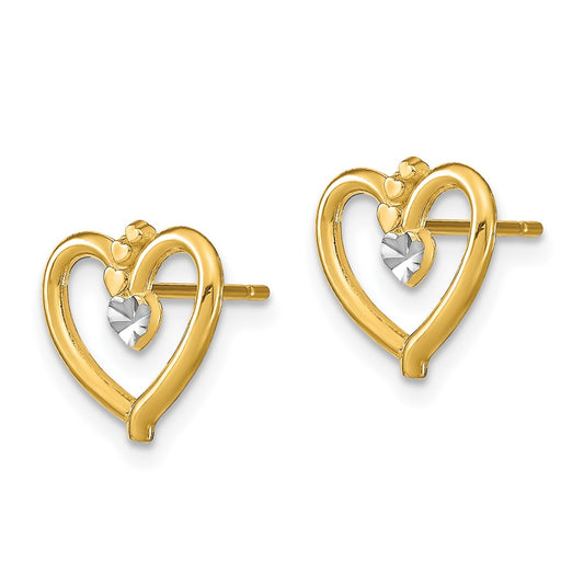 14K Two-Tone Gold Diamond-cut Heart Post Earrings