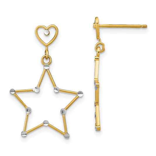 14K Two-Tone Gold Diamond-cut Heart and Star Post Dangle Earrings