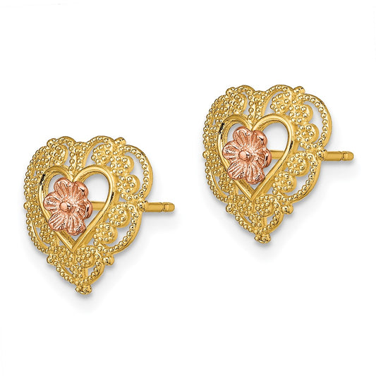 14K Two-Tone Gold with Lace Trim and Flower Heart Post Earrings