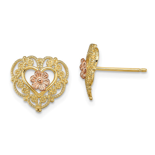 14K Two-Tone Gold with Lace Trim and Flower Heart Post Earrings