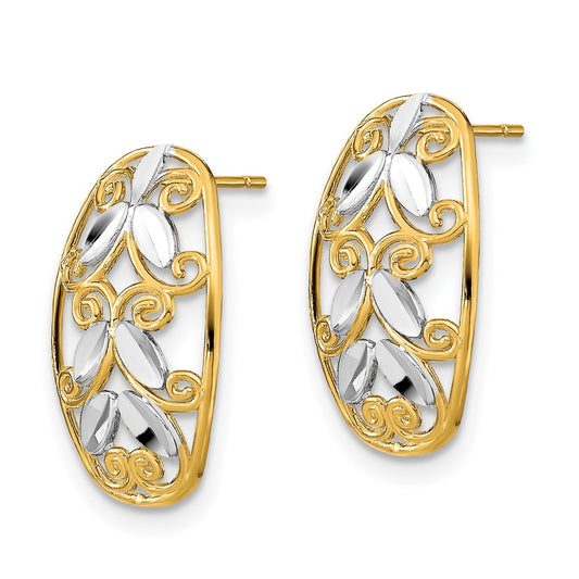 14K Two-Tone Gold Oval Diamond-cut Filigree Post Dangle Earrings