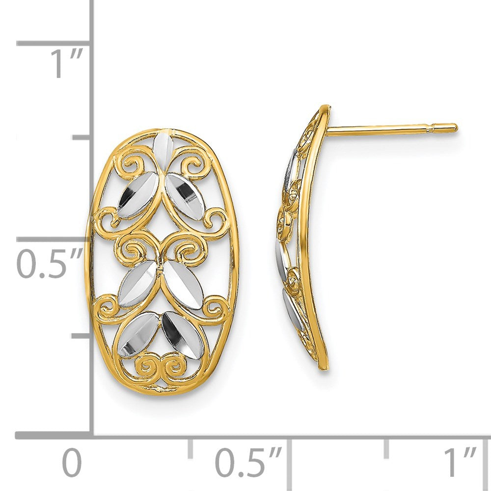 14K Two-Tone Gold Oval Diamond-cut Filigree Post Dangle Earrings