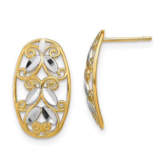 14K Two-Tone Gold Oval Diamond-cut Filigree Post Dangle Earrings