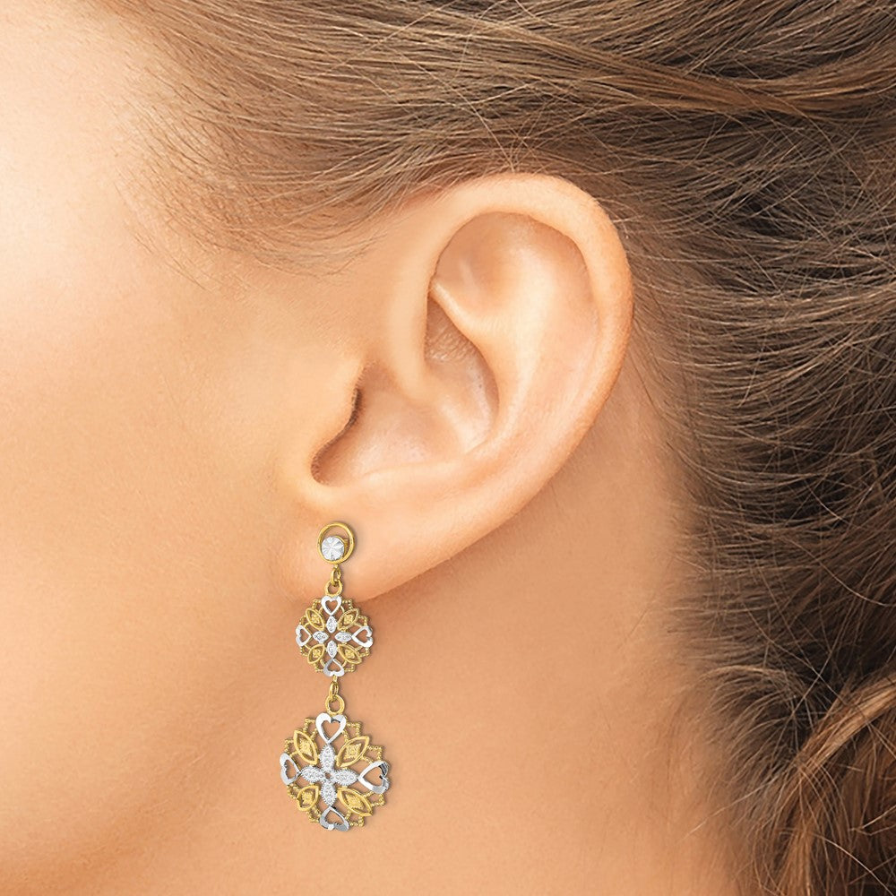 14K Two-Tone Gold Diamond-cut Flower & Heart Dangle Earrings