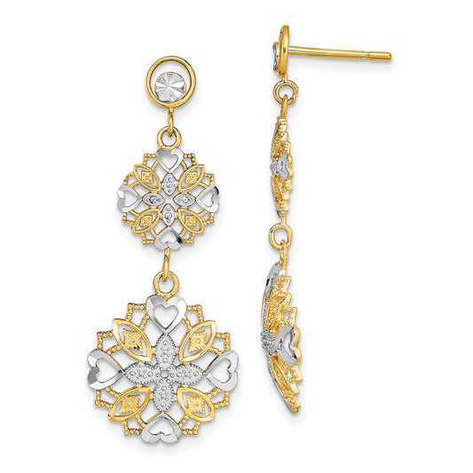 14K Two-Tone Gold Diamond-cut Flower & Heart Dangle Earrings