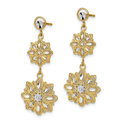 14K Two-Tone Gold Diamond-cut Filigree Floral Post Dangle Earrings