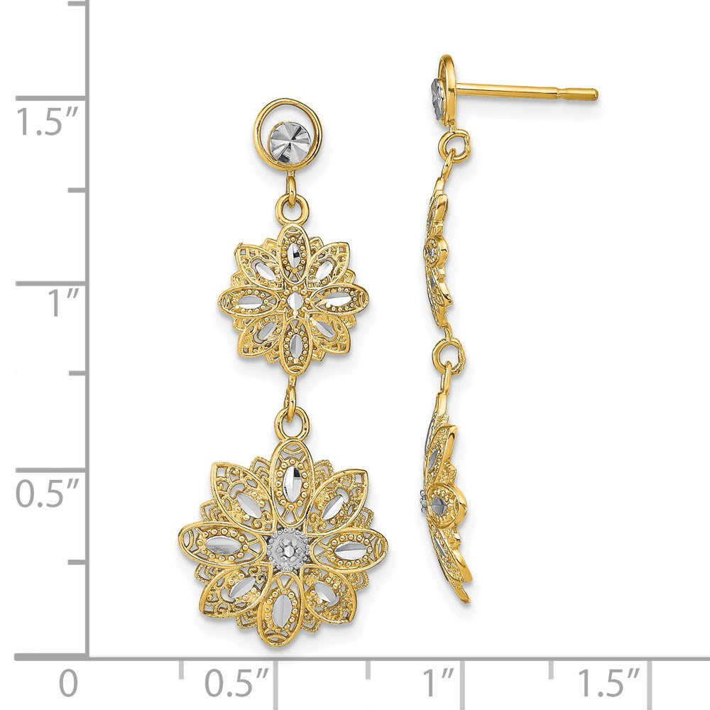 14K Two-Tone Gold Diamond-cut Filigree Floral Post Dangle Earrings