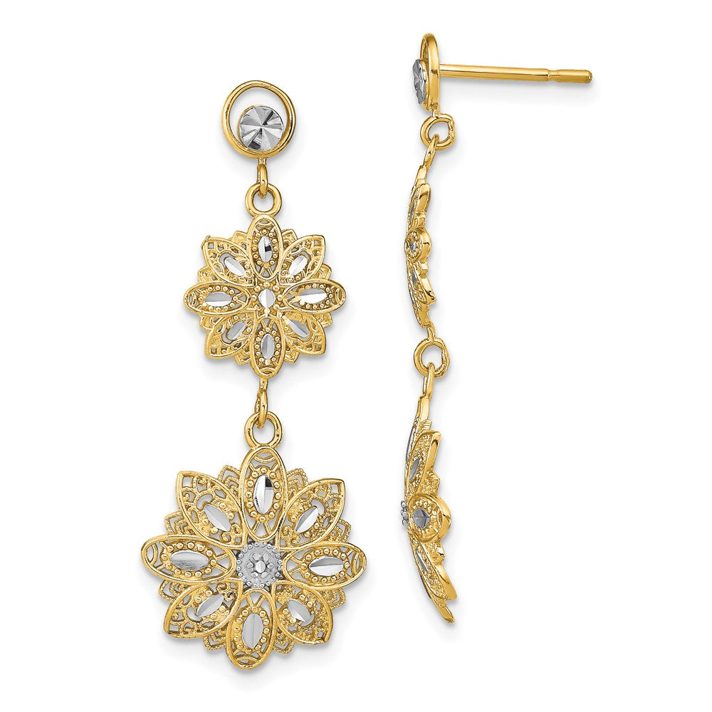 14K Two-Tone Gold Diamond-cut Filigree Floral Post Dangle Earrings