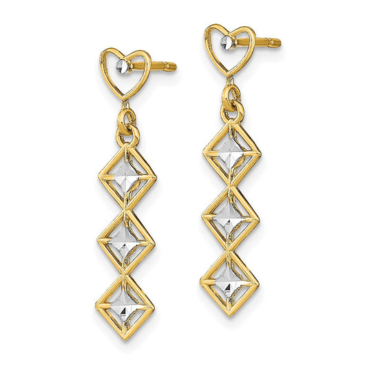 14K Two-Tone Gold Diamond-cut Heart and Diamond Shape Post Dangle Earrings