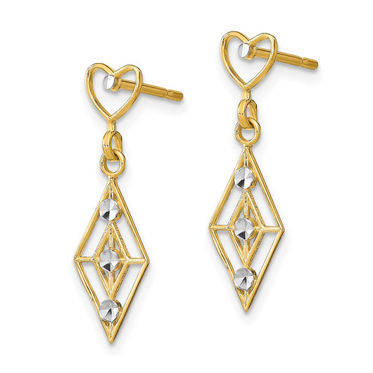 14K Two-Tone Gold Diamond-cut Diamond Shape Heart Dangle Earrings