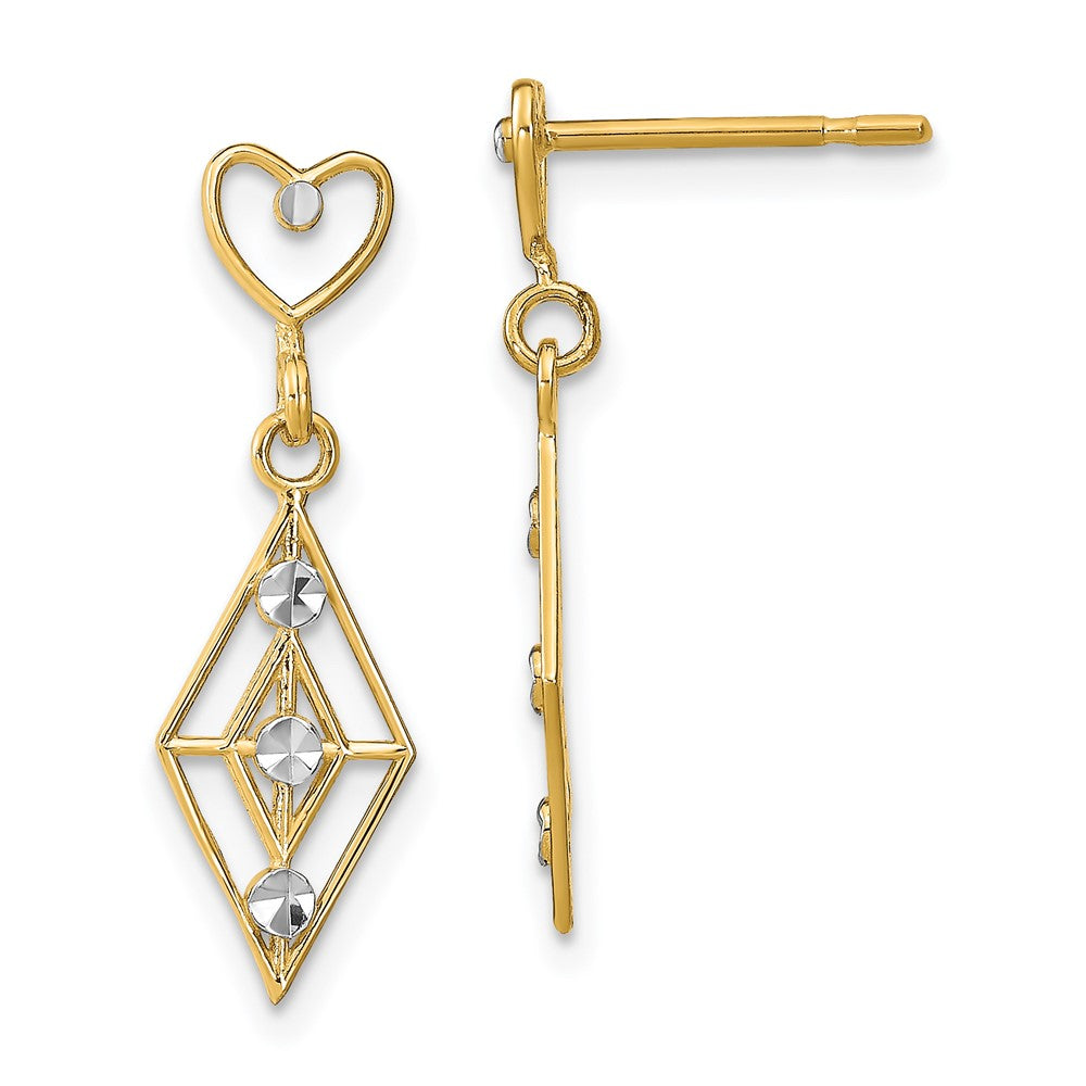 14K Two-Tone Gold Diamond-cut Diamond Shape Heart Dangle Earrings