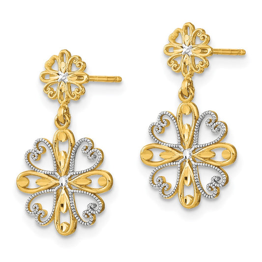 14K Two-Tone Gold Beaded Heart Petal Floral Dangle Earrings