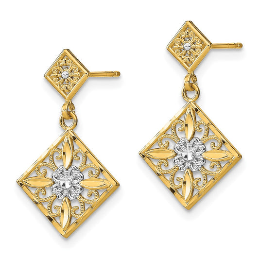 14K Two-Tone Gold Diamond-cut Square Filigree Dangle Earrings