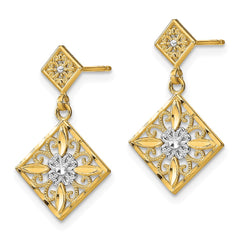 14K Two-Tone Gold Diamond-cut Square Filigree Dangle Earrings