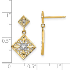 14K Two-Tone Gold Diamond-cut Square Filigree Dangle Earrings