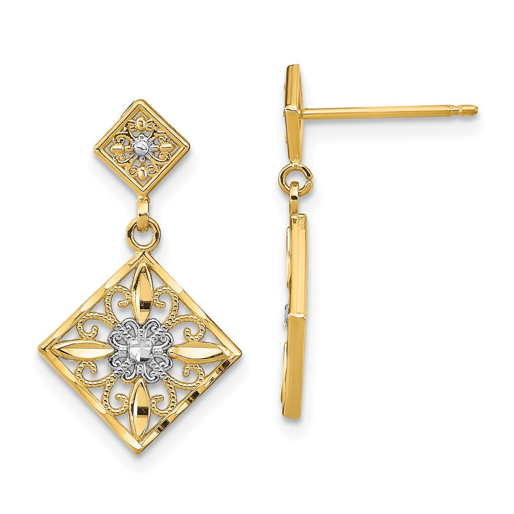 14K Two-Tone Gold Diamond-cut Square Filigree Dangle Earrings