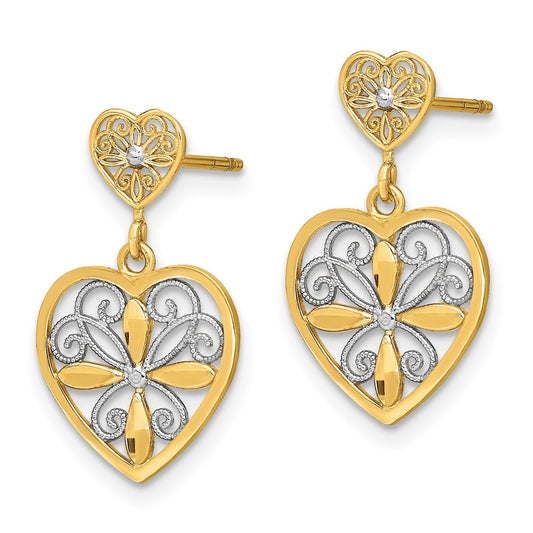 14K Two-Tone Gold Flower and Heart Beaded Filigree Dangle Earrings