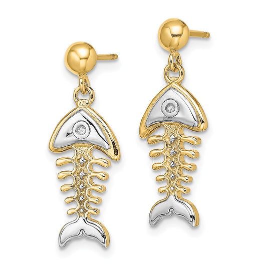 14K Two-Tone Gold Fishbone Dangle Earrings