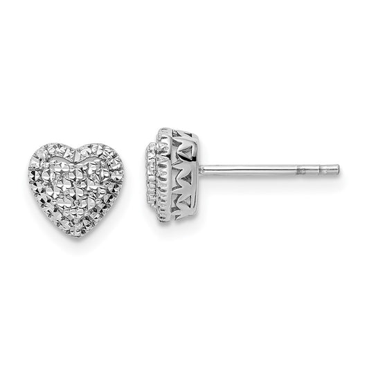 14K White Gold Polished Diamond-cut Heart Post Earrings