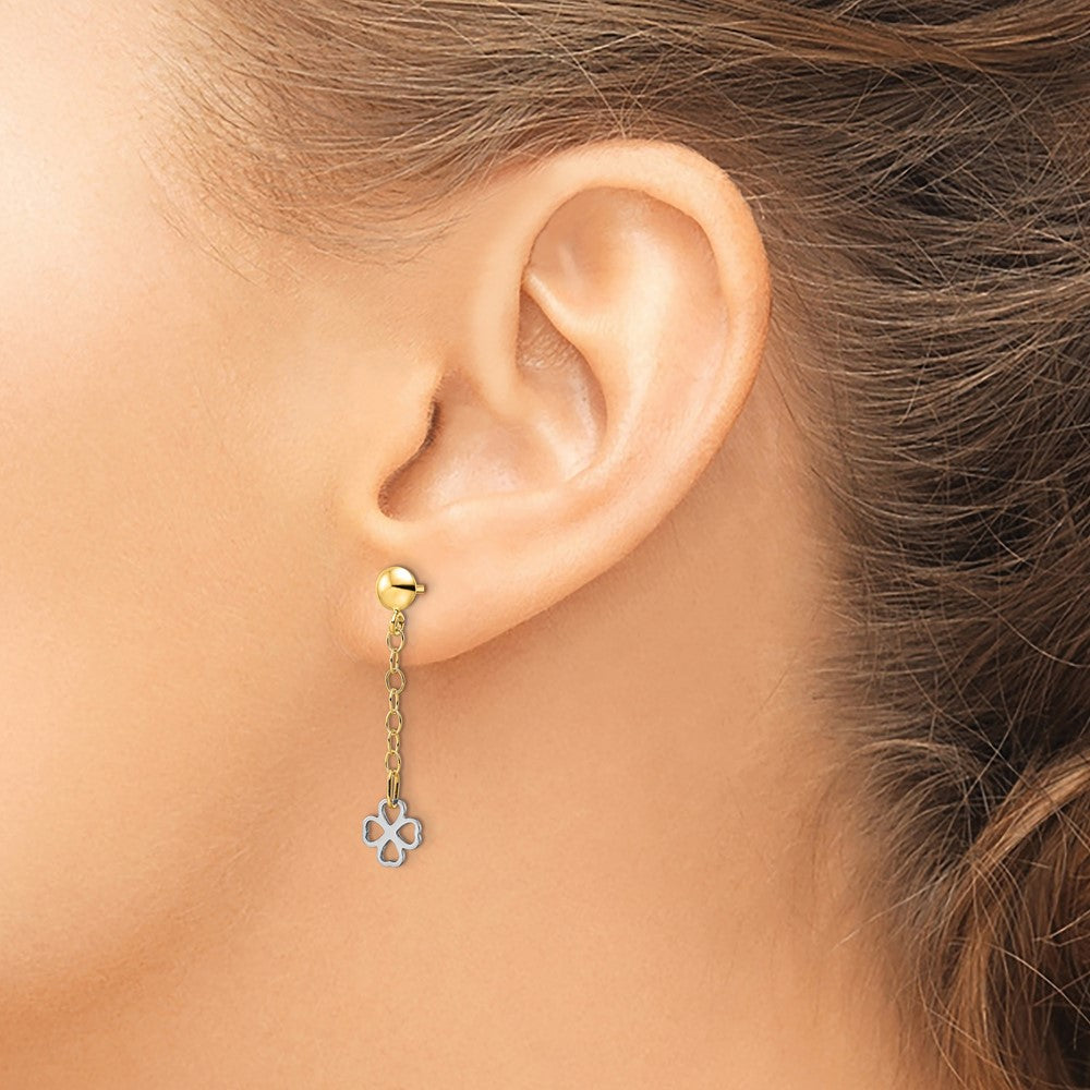 14K Two-Tone Gold Polished Dangle Flower Earrings