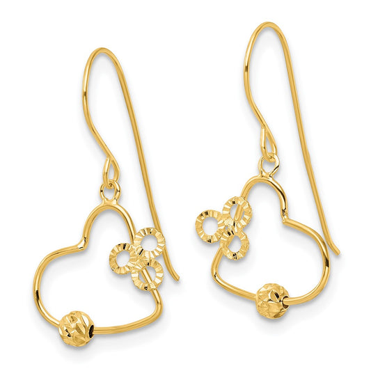 14K Yellow Gold Polished and Diamond-cut Open Heart Dangle Earrings