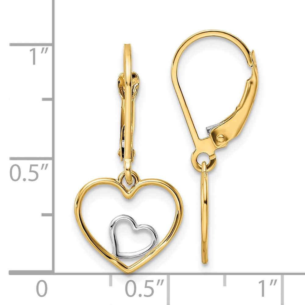 14K Two-Tone Gold Heart in Heart Leverback Dangle Earrings