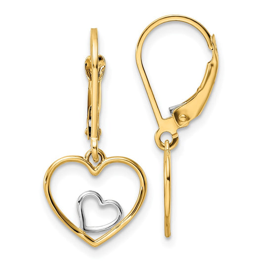 14K Two-Tone Gold Heart in Heart Leverback Dangle Earrings