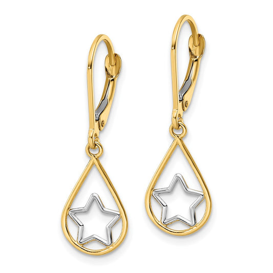 14K Two-Tone Gold Star in Teardrop Leverback Dangle Earrings