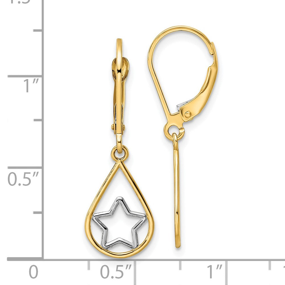 14K Two-Tone Gold Star in Teardrop Leverback Dangle Earrings