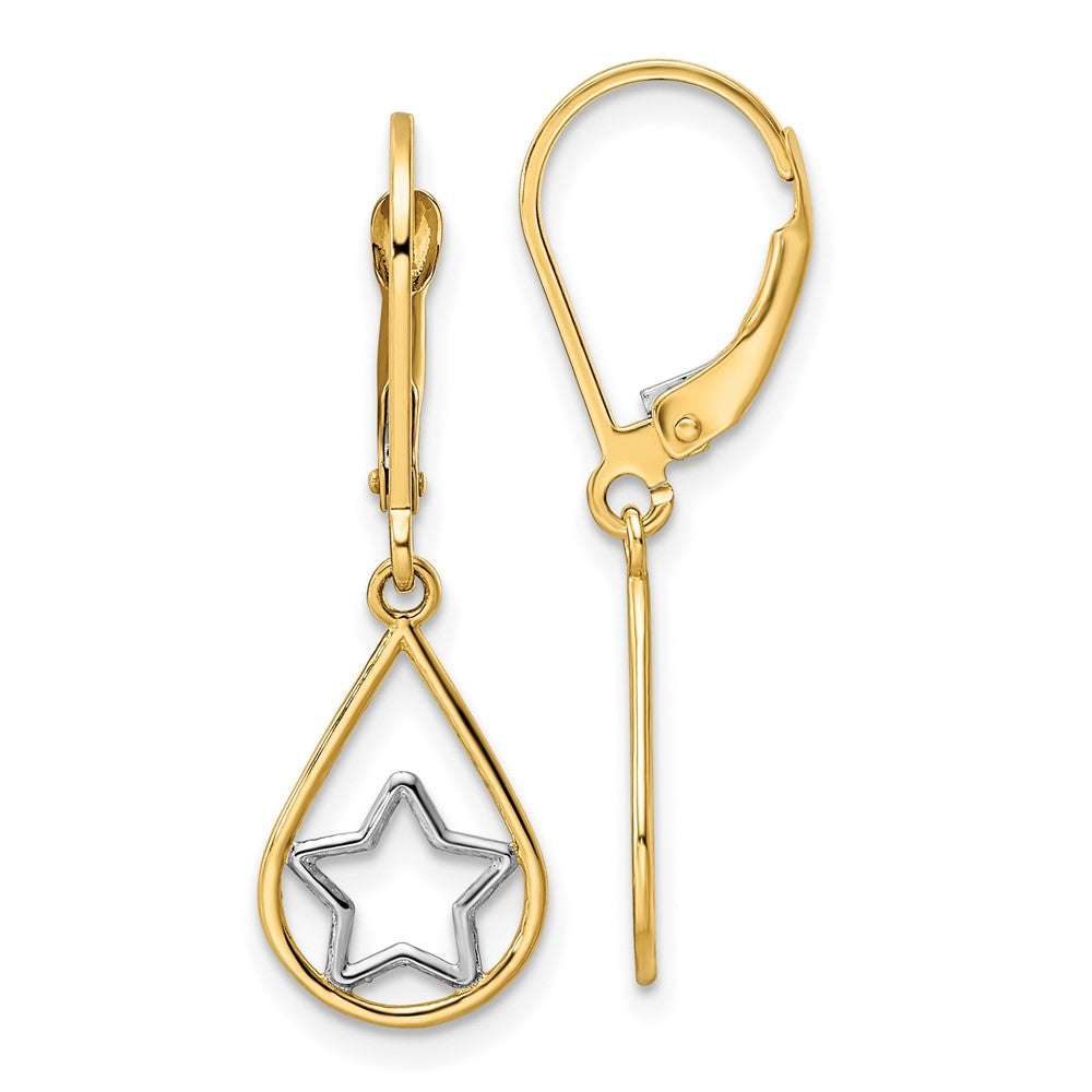 14K Two-Tone Gold Star in Teardrop Leverback Dangle Earrings